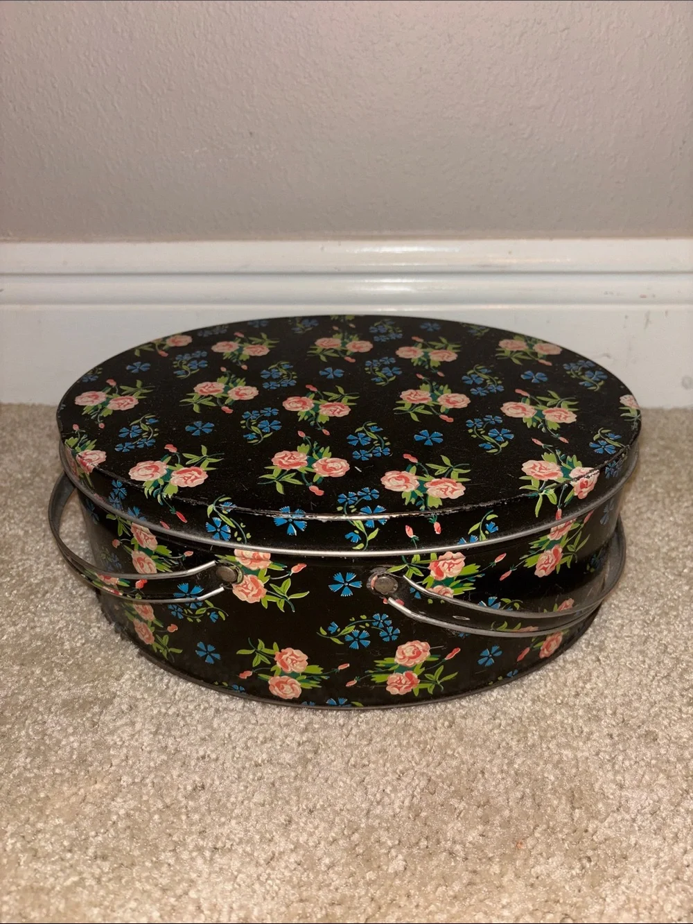 Black Floral Oval Decorative Tin Storage Box